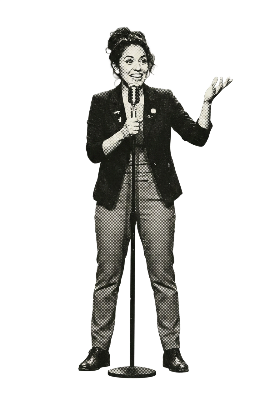 A comedian at a vintage mic, mid-punchline