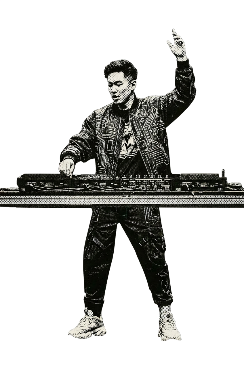 A DJ mid-set with one hand in the air