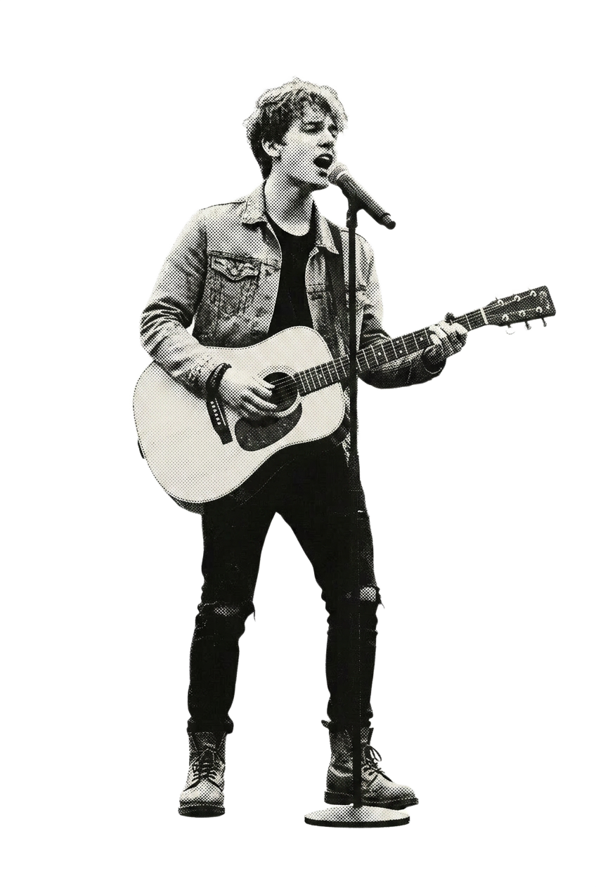 A guitarist singing into a mic stand
